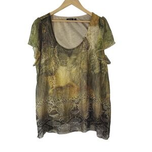 APT 9 Animal Print Blouse Womens 3X Green Yellow Flutter Cap Sleeve Embellished